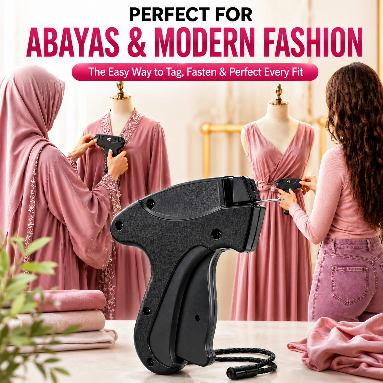 Stitch gun shown for abayas and modern fashion adjustments