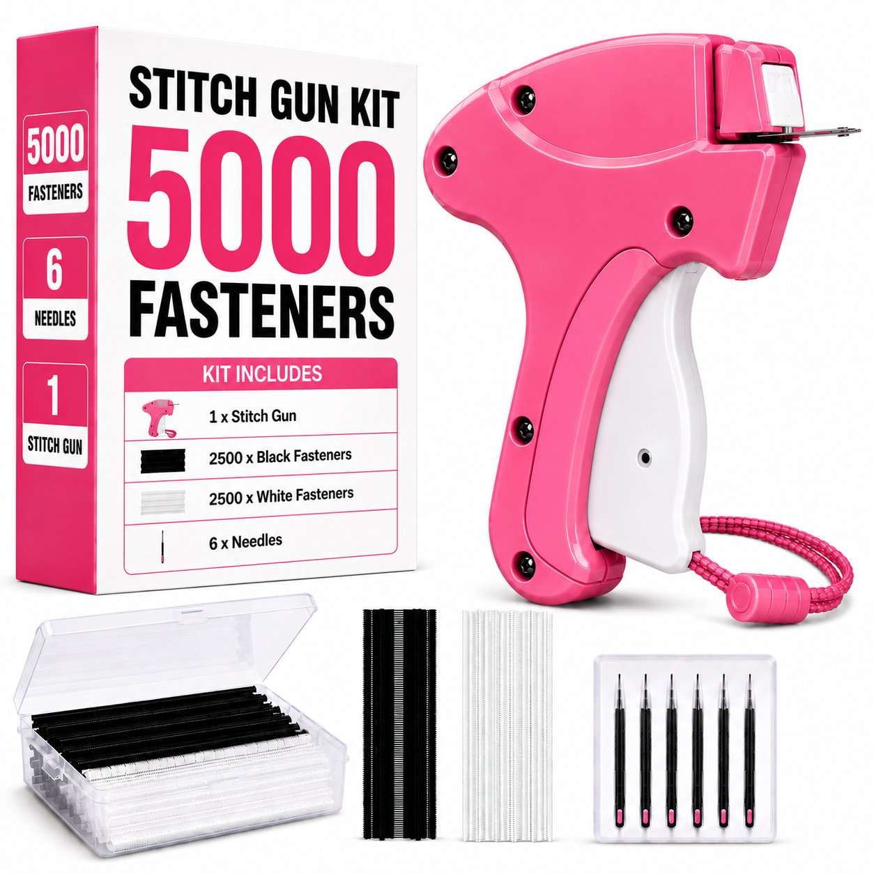 Pink stitch gun with 5000 fasteners and six needles