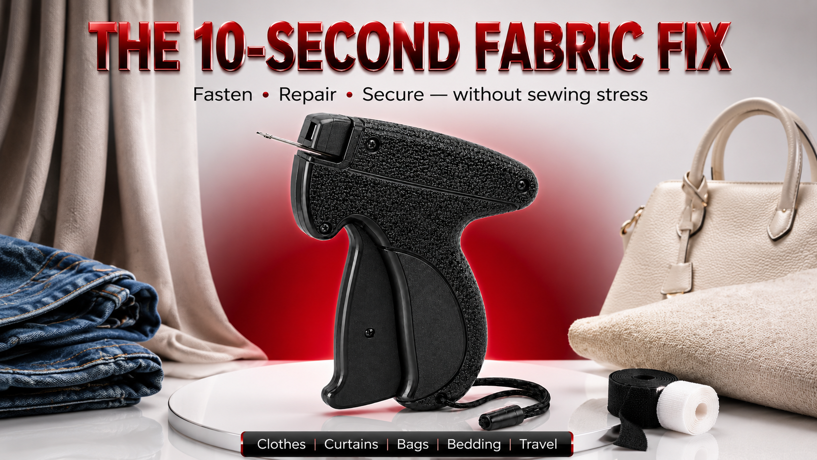 Black stitch gun beside clothes, curtains and a bag